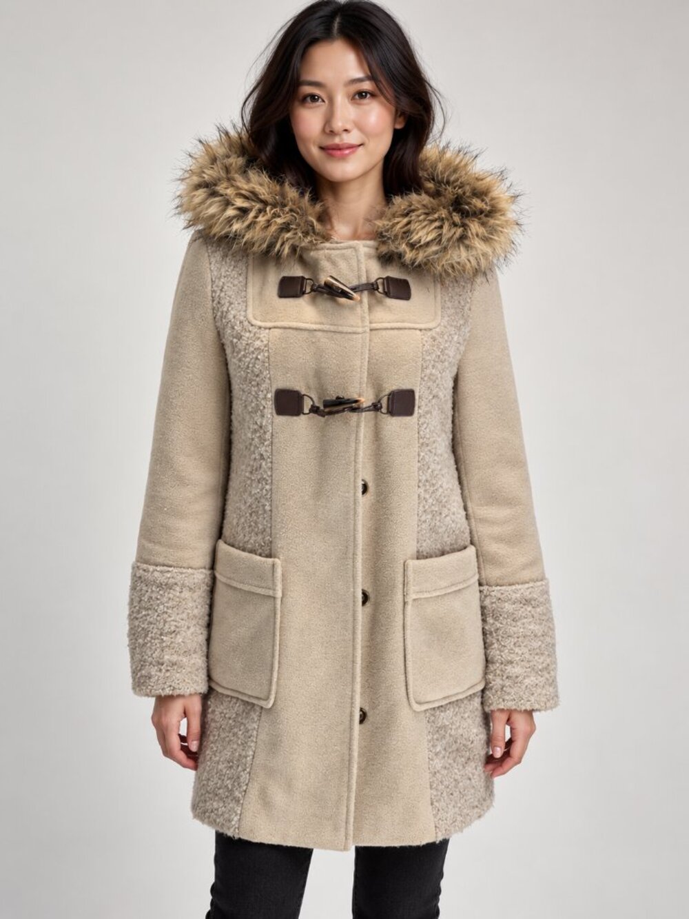 Altar'd State Beige Boucle Toggle Coat Faux Fur Hood Women S Preppy Style